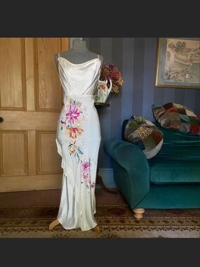 Ivory Satin Floral Slip Dress